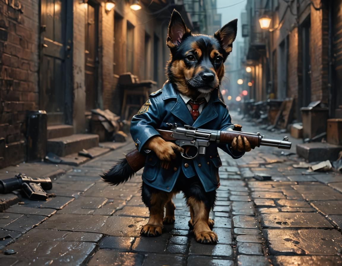 Tough Dog with Gun in Alleyway, Oil Painting