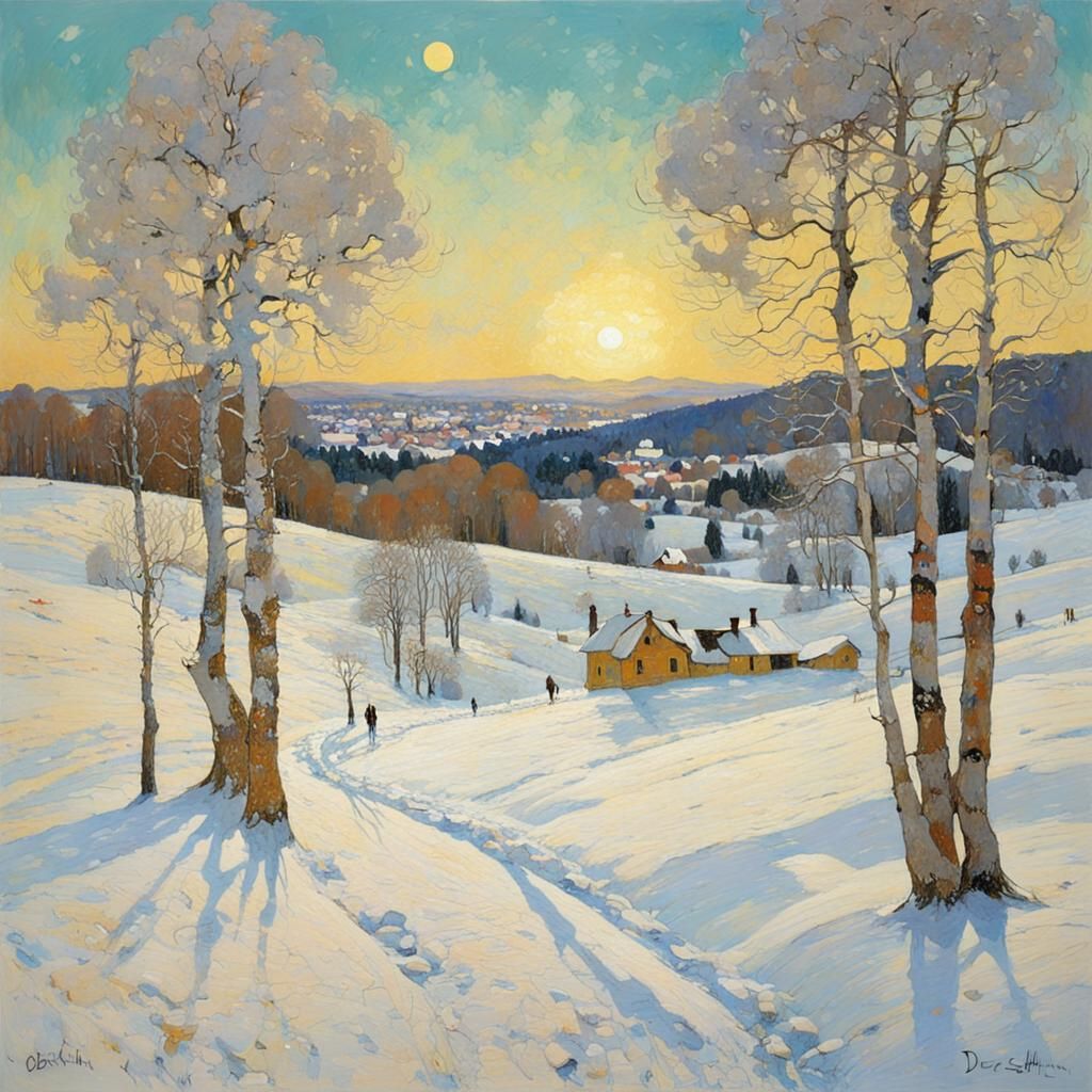 Vibrant Winter Landscape in Art Nouveau Style