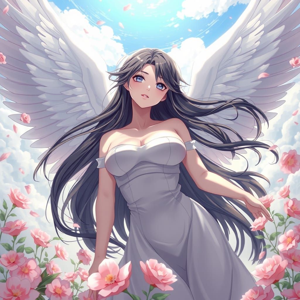 Sensual Fallen Angel Descends Amidst Vibrant Blooms in Anime...