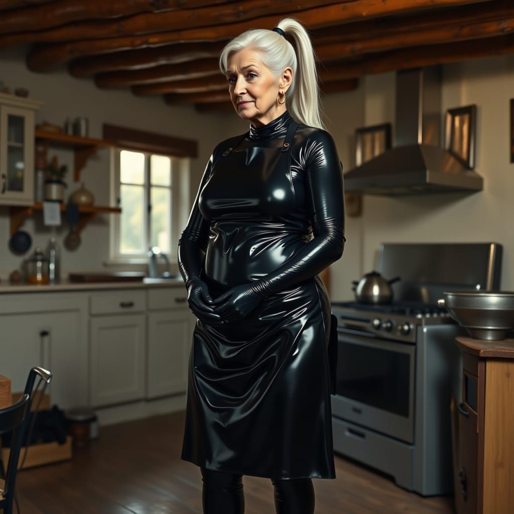 Elderly Woman in PVC Catsuit in Rustic Kitchen