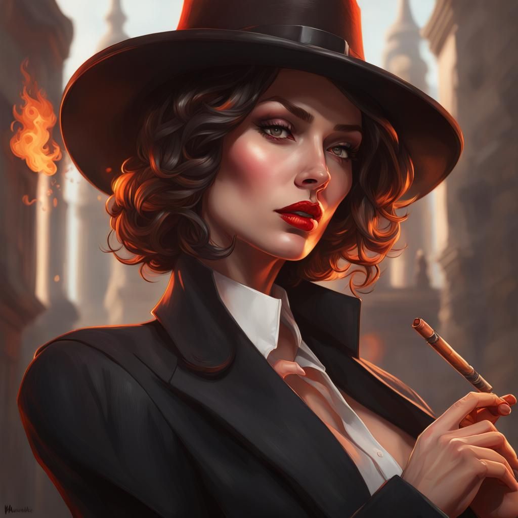 Intricate Portrait of Woman Smoking Cigar in Dark Suit