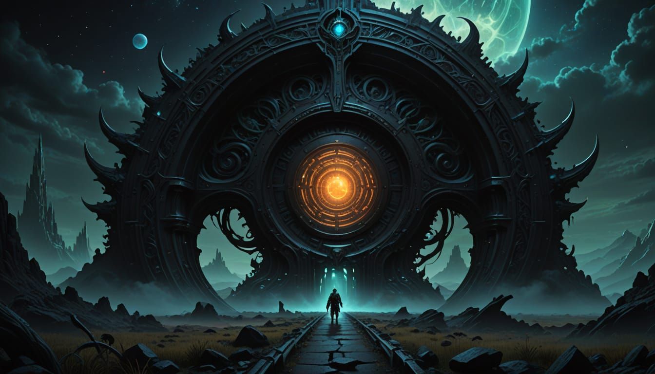 Otherworldly Gate with Lone Wanderer in Pre-Raphaelite Style