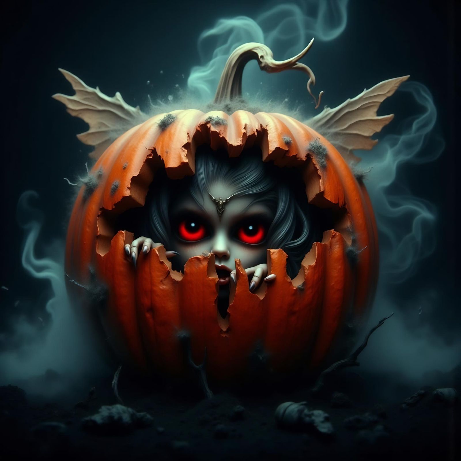 Dark Fantasy Fairy Hiding in Pumpkin