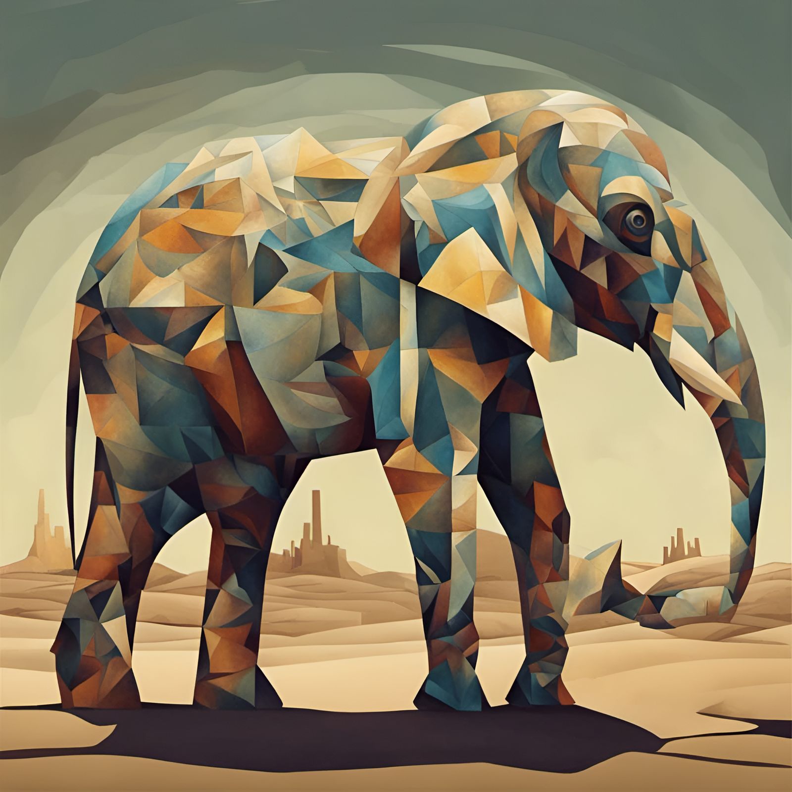 Surreal Elephant in Cubist Forest, Salvador Dali Style