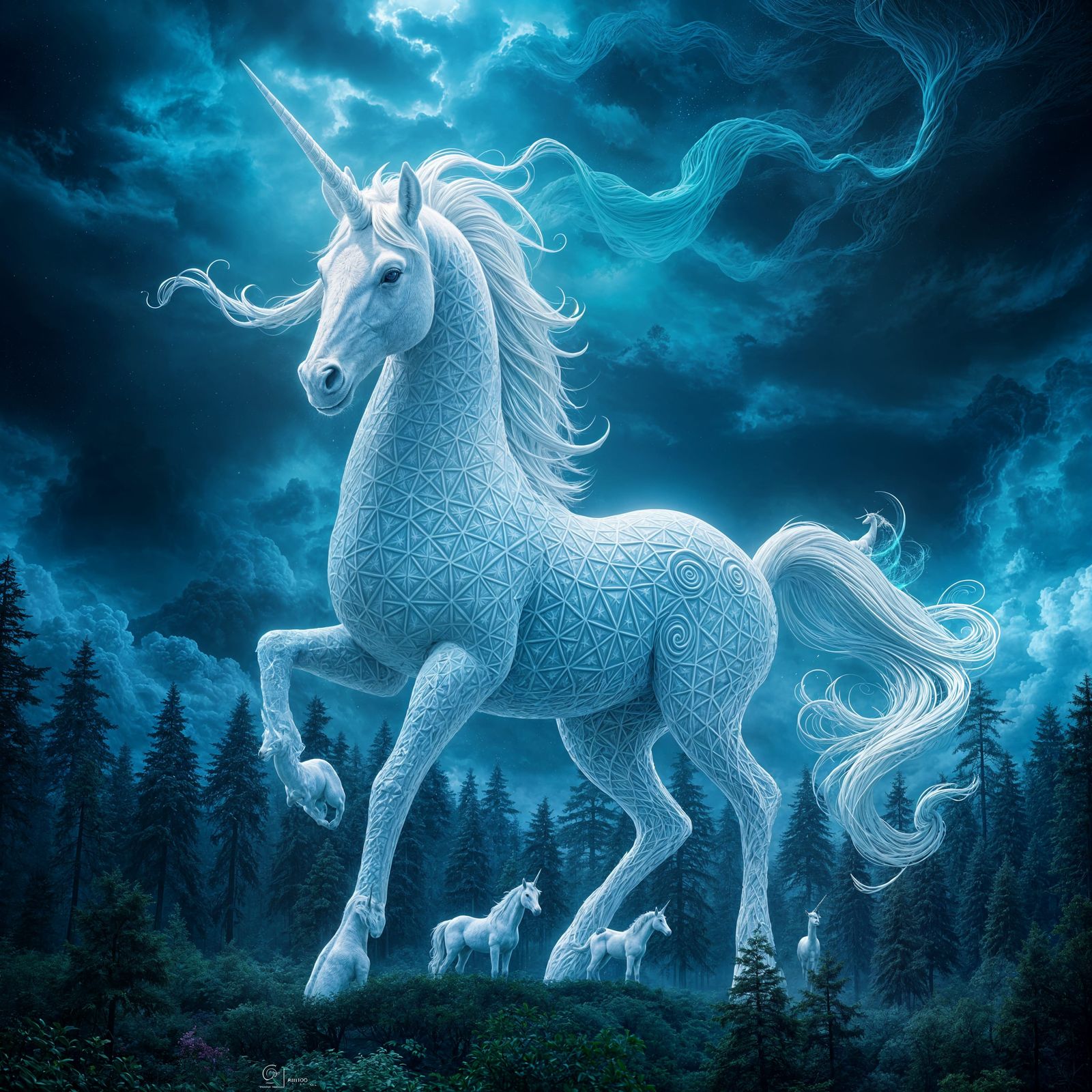 Swirling Geometric Unicorn in Stormy Skies