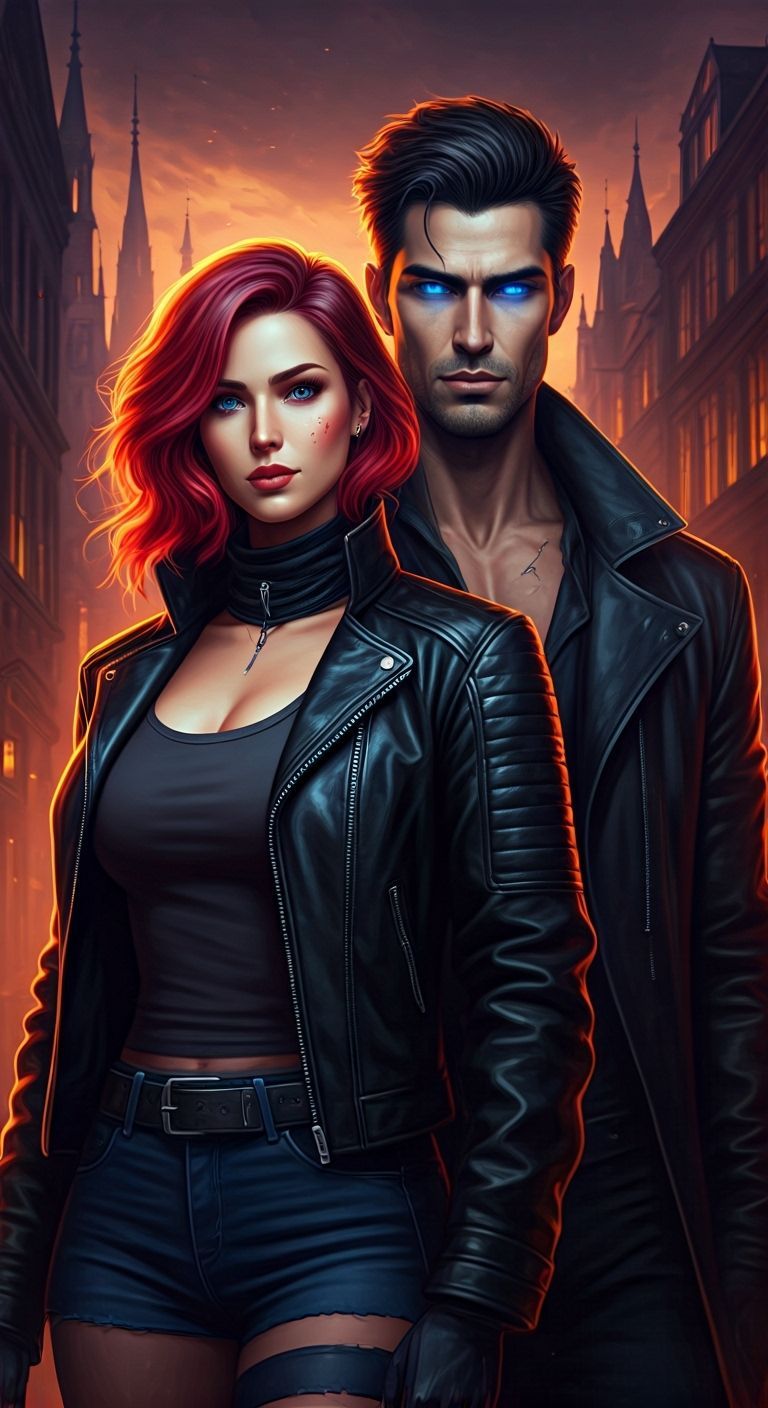 Couple in Lunar Glow, Cyberpunk Cityscape