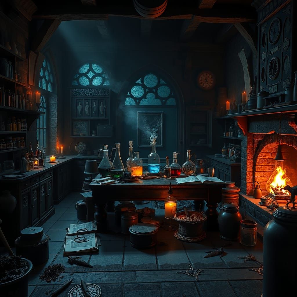 Eerie Spooky Potions Laboratory Scene in Hyperrealism