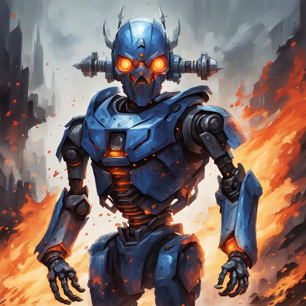 Dangerous Robot Warrior with Fiery Swords