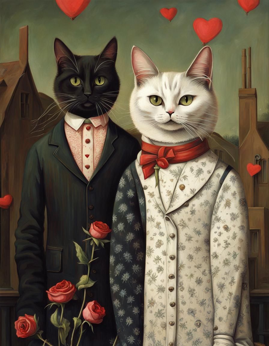 Valentine's Day Cats in American Gothic Style