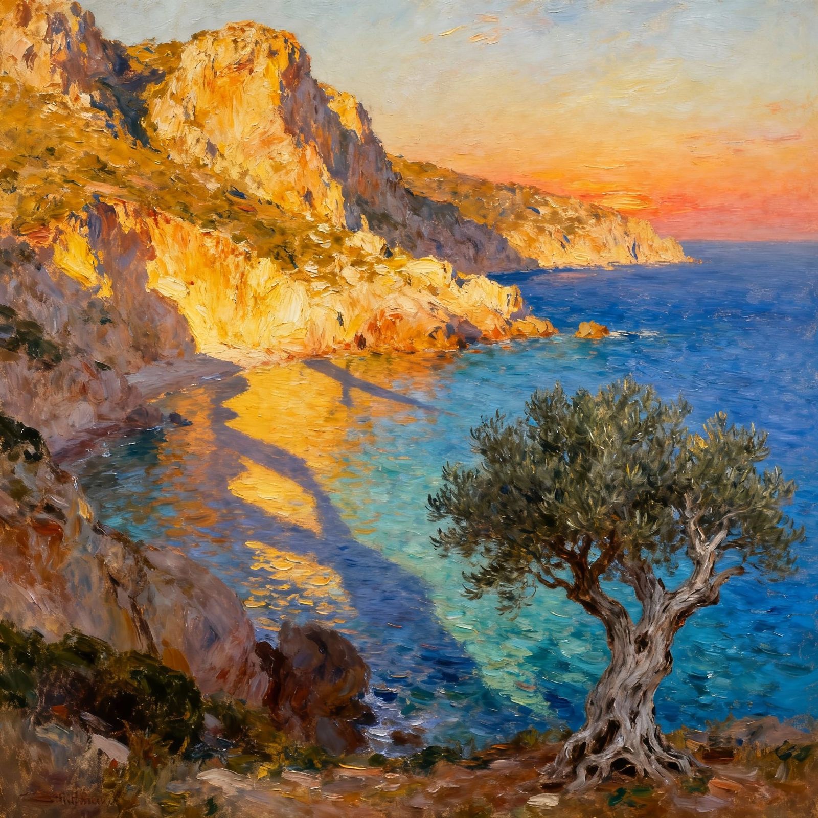 Sardinian Coast Sunset in Impressionistic Oil Style
