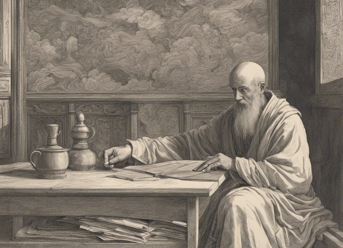 atmospheric rendering of a scholarly monk meticulously transcribing ancient texts in a candlelit monastery, the shadows ...