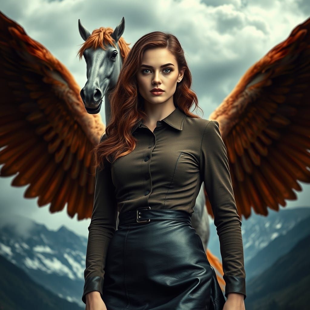 Regal Woman Faces Majestic Pegasus in Stormy Mountain Landsc...