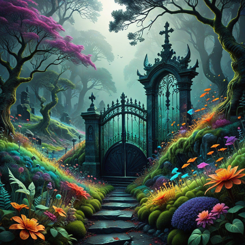 Surreal Forest Landscape with Vibrant Graveyard