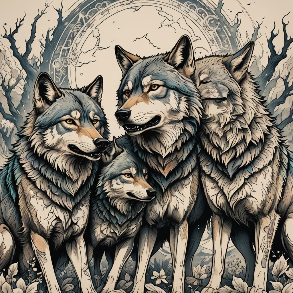 Three Wolves Tattoo Design in Detailed Line Art