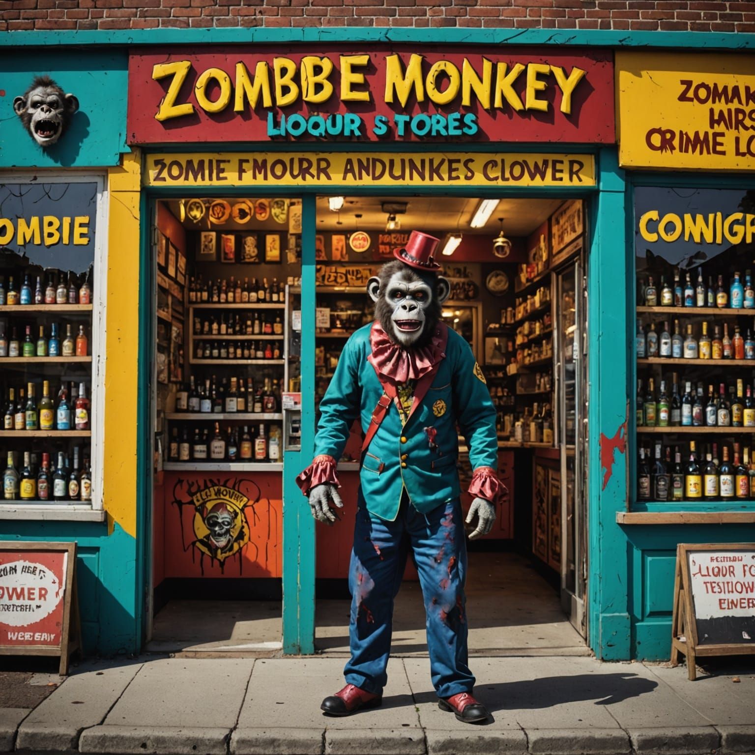 Vibrant Urban Nightmare: Zombie Monkey Monster Clown Liquor...