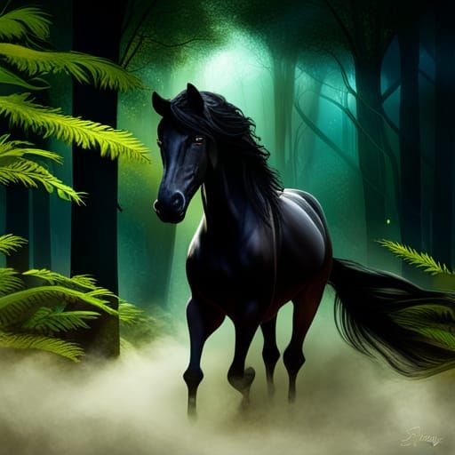 Mystical Black Friesian Horse in Green Forest, 3D Fantasy Ar...