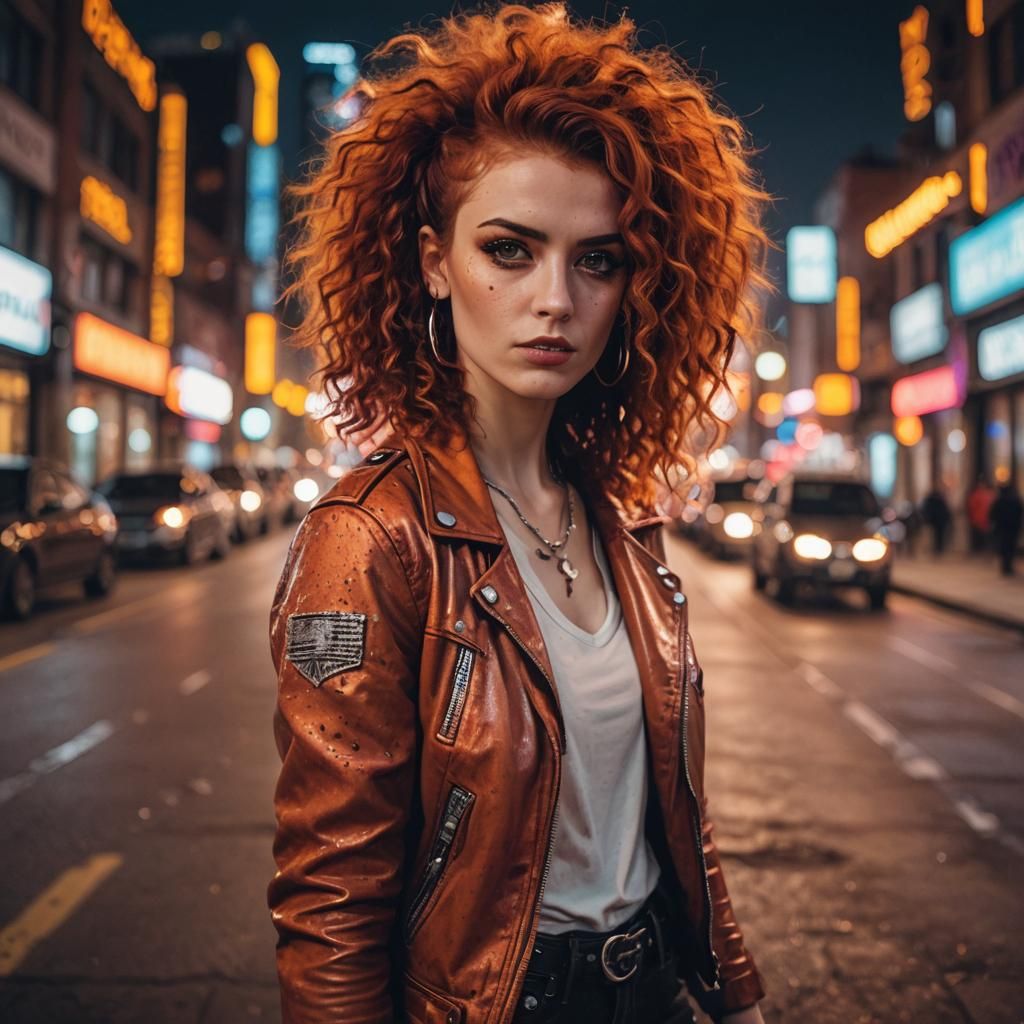 Punk Rock Girl with Red Hair, Neon City Backdrop