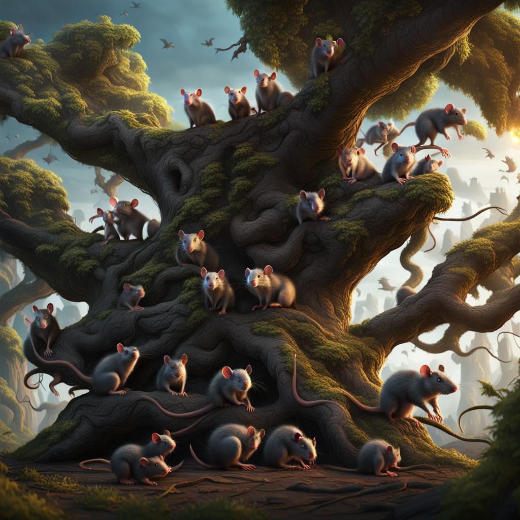 Army of Rats Climbing a Tree in Detailed Matte Painting