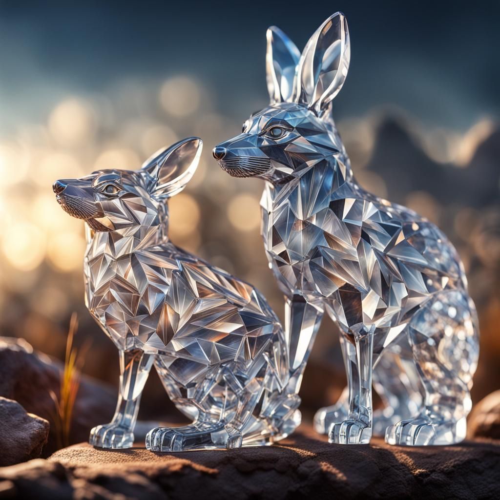 Crystal Rabbit and Fox: Hyperrealistic 64MP Image