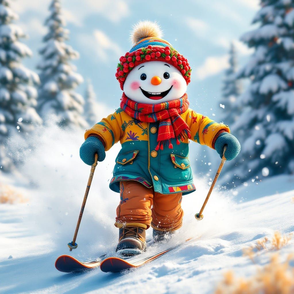 Cheerful Ukrainian Snowman in Vibrant Winter Coat, Skiing Do...