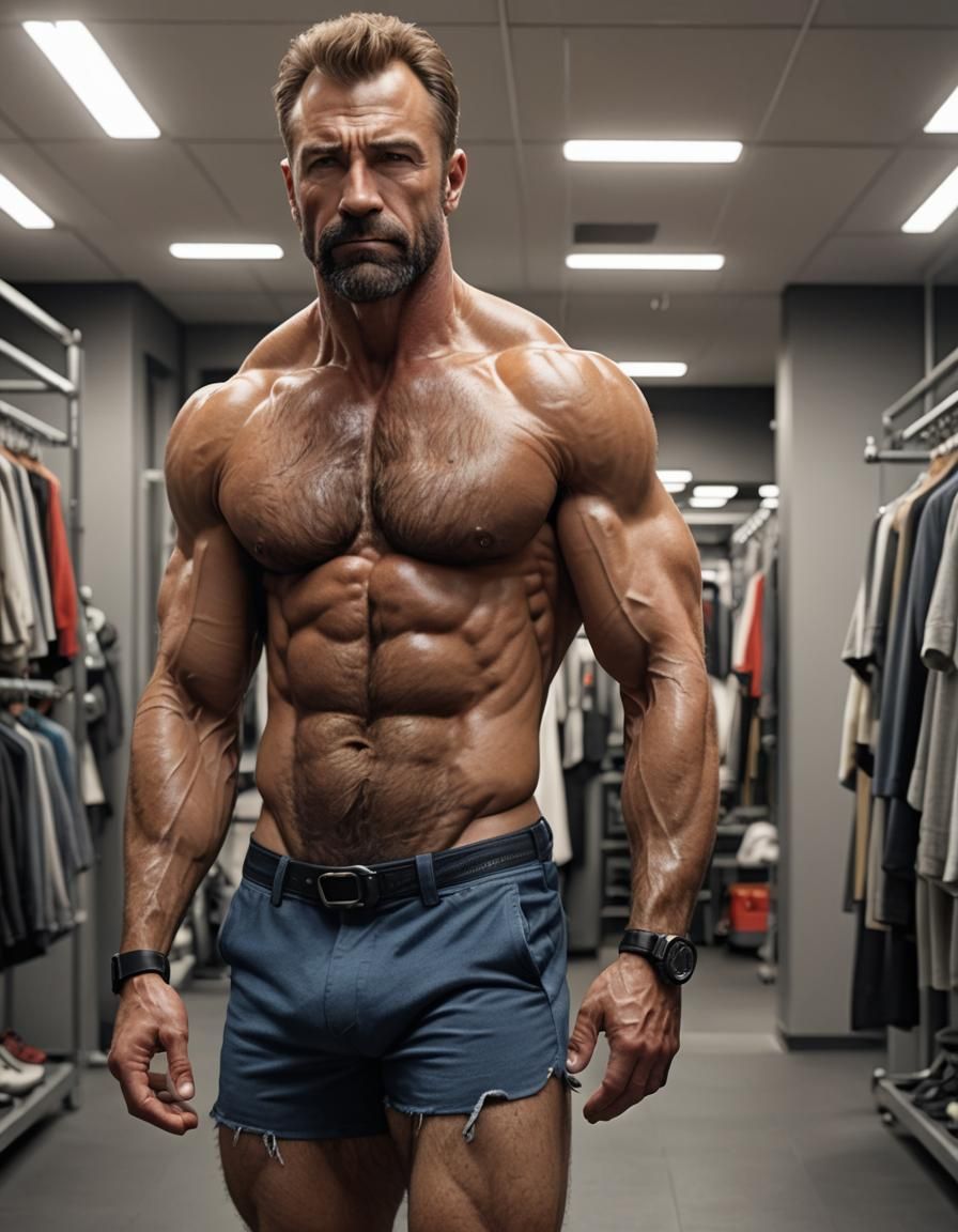 Hyperrealistic Hirsute Bodybuilder in Changing Room
