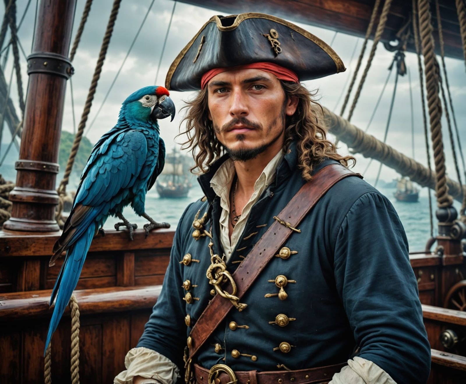 Pirate Captain on Sail Ship, Hyperrealistic Painting