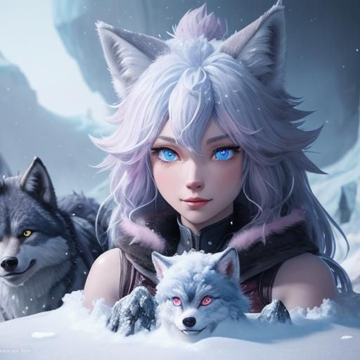 Cute Wolf Girl and Cubs in Ice Cave