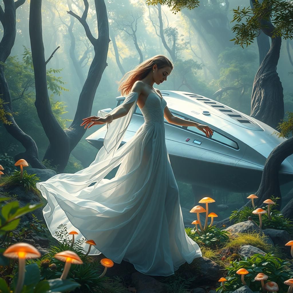 Woman Dancing in Forest Spaceship, Surreal Art