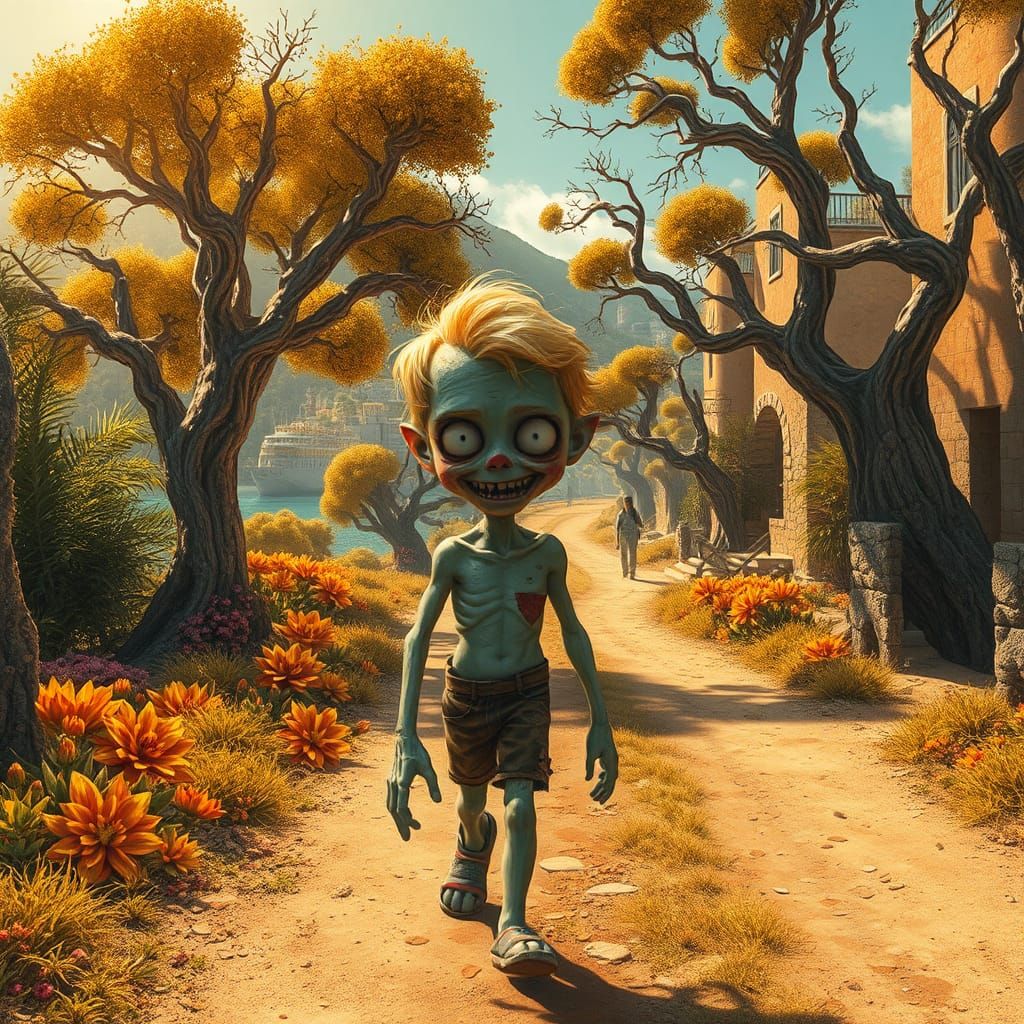 Zombie Kid in Sunny Port Town: Surreal Art