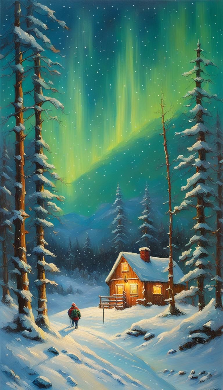 Winter Wonderland Under Northern Lights in Oil Painting