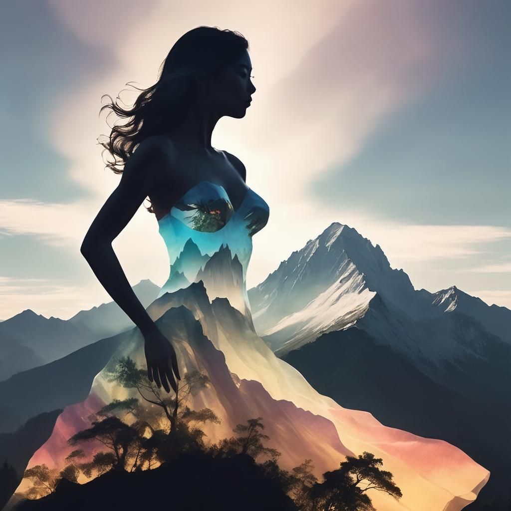 Ethereal Woman in White Dress, Mountain Vista