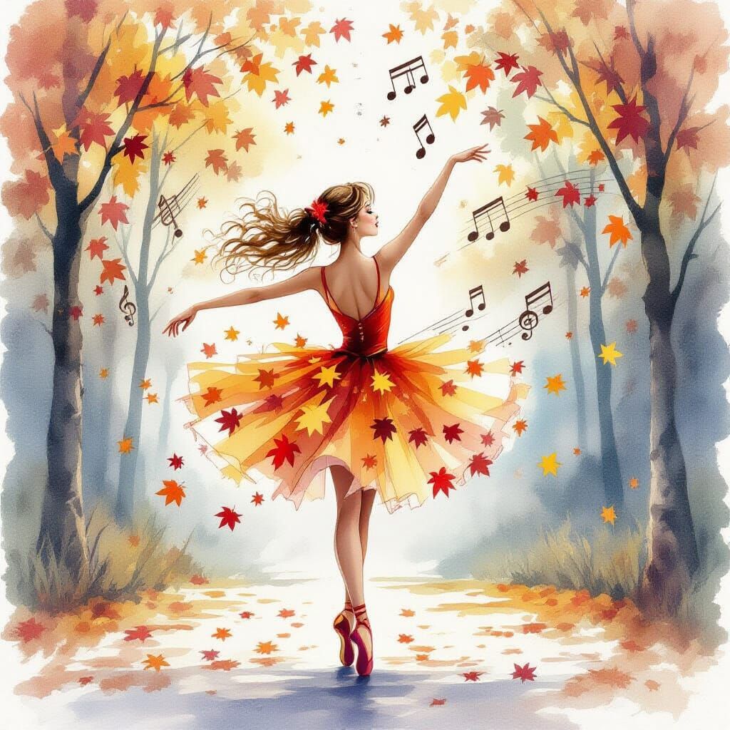 Autumn Song Dancer With Watercolor Leaf Tutu