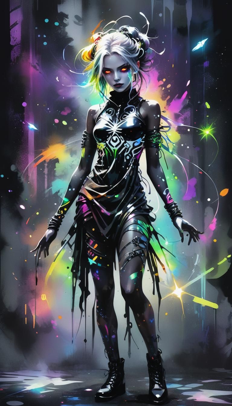 Graffitipunk Figure with Neon Symbols, Digital Watercolor