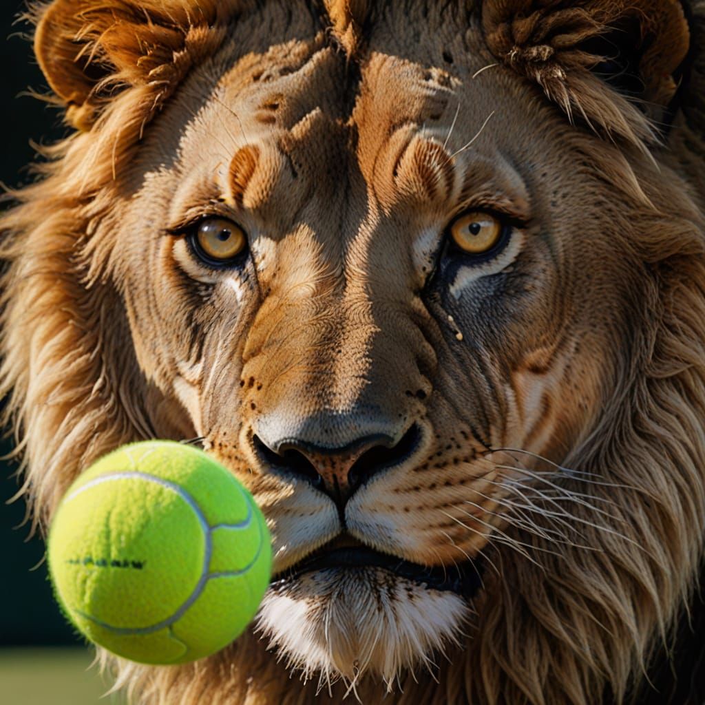 Lion's Eye on Tennis Ball in Hyperrealistic Photo