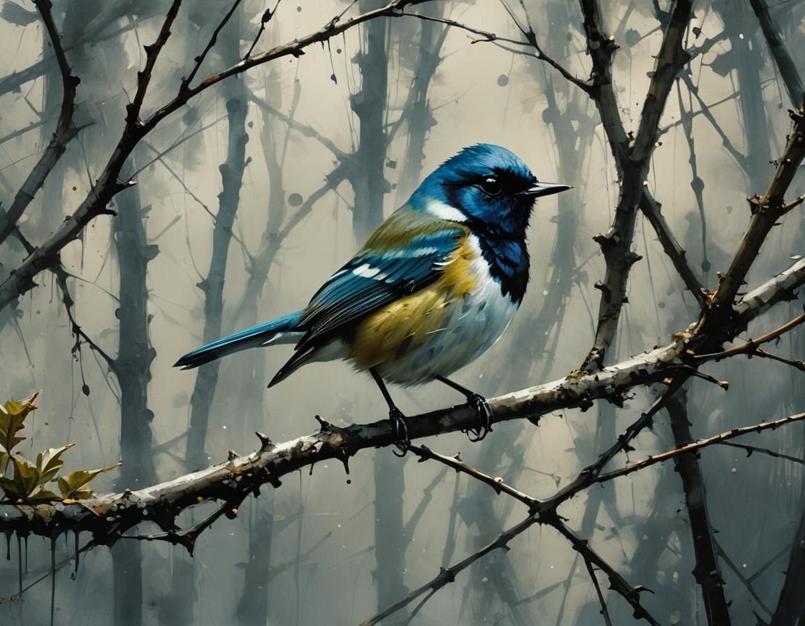 Black-throated Warbler Portrait as Oil Painting