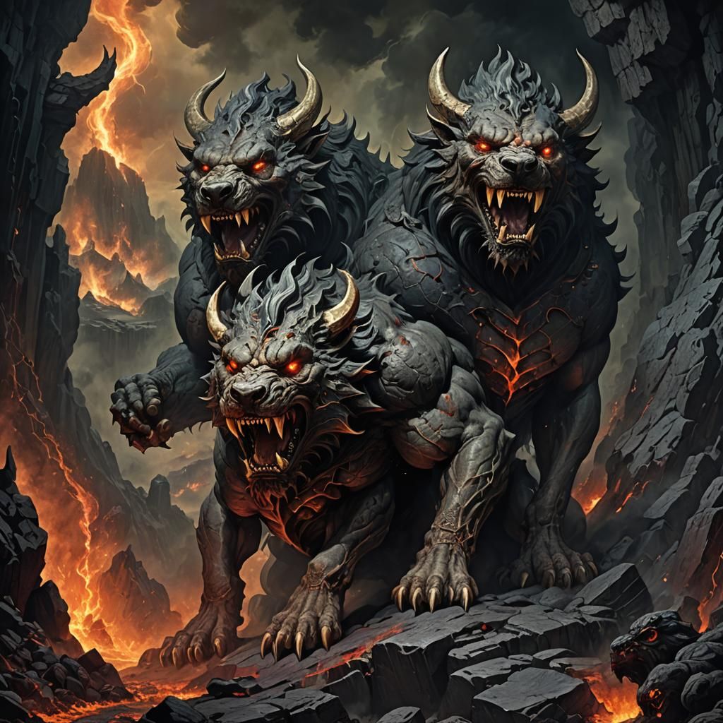 Ferocious Three-Headed Cerberus Guards Hell Portal