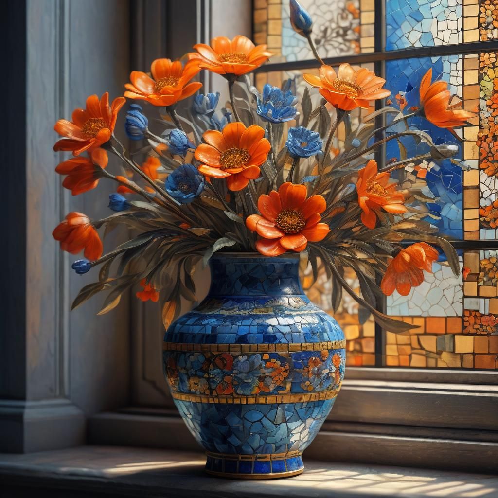 Ming Vase with Flowers Mosaic: Art Nouveau Oil Painting