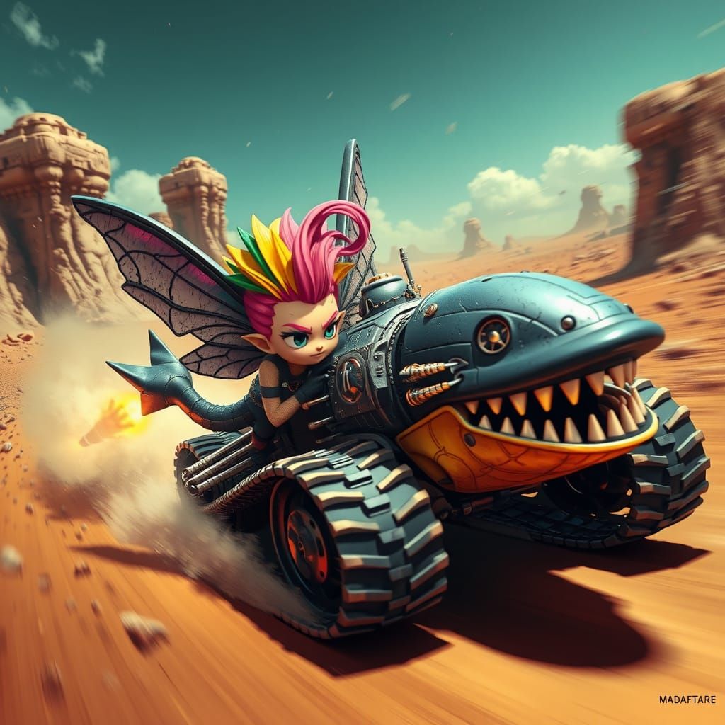 Punk Rock Fairy Races Whale Tank in Wasteland