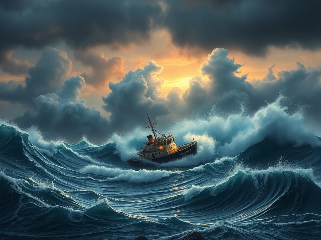 Dramatic Stormy Seascape with Resilient Fishing Trawler