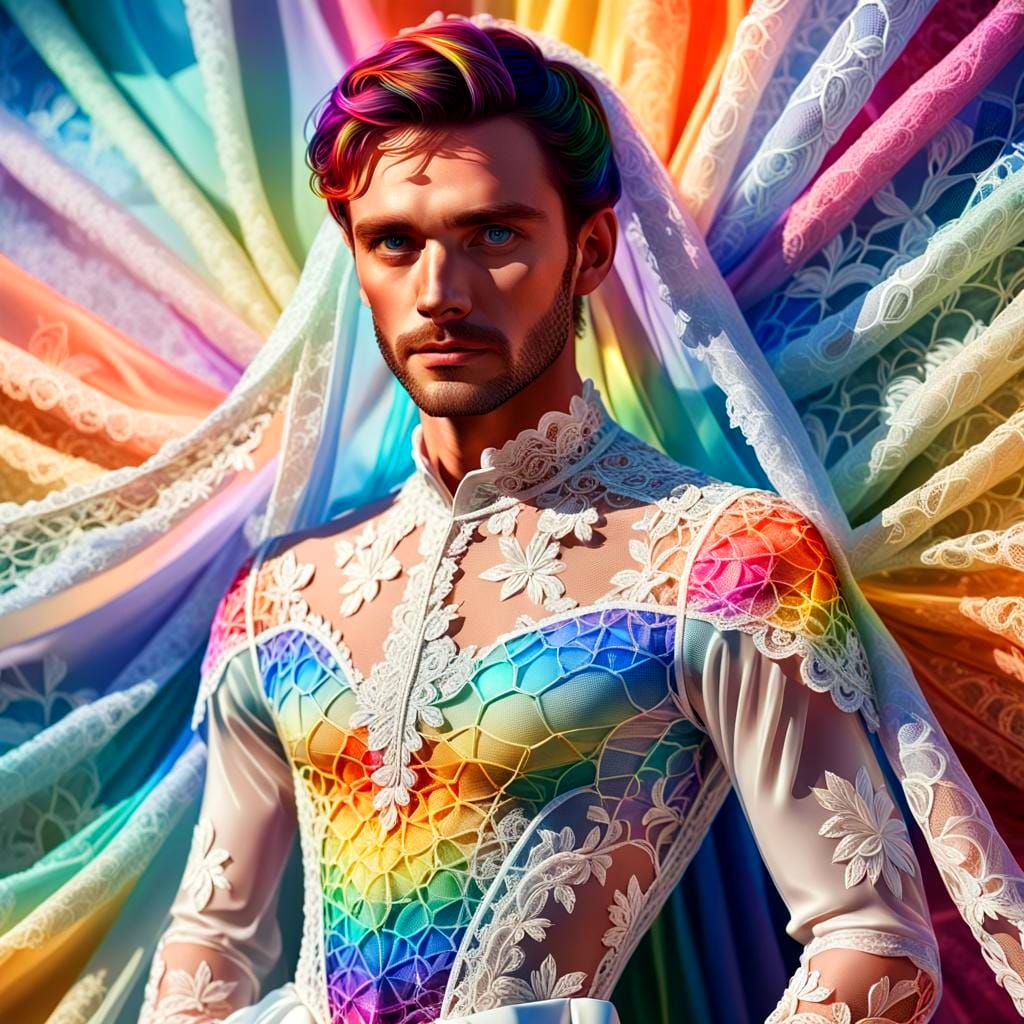 Male Bride in Rainbow Lined Lace Gown