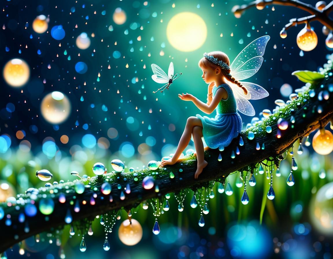 Bioluminescent Fairy with Dewdrop Hair, Bokeh Photography