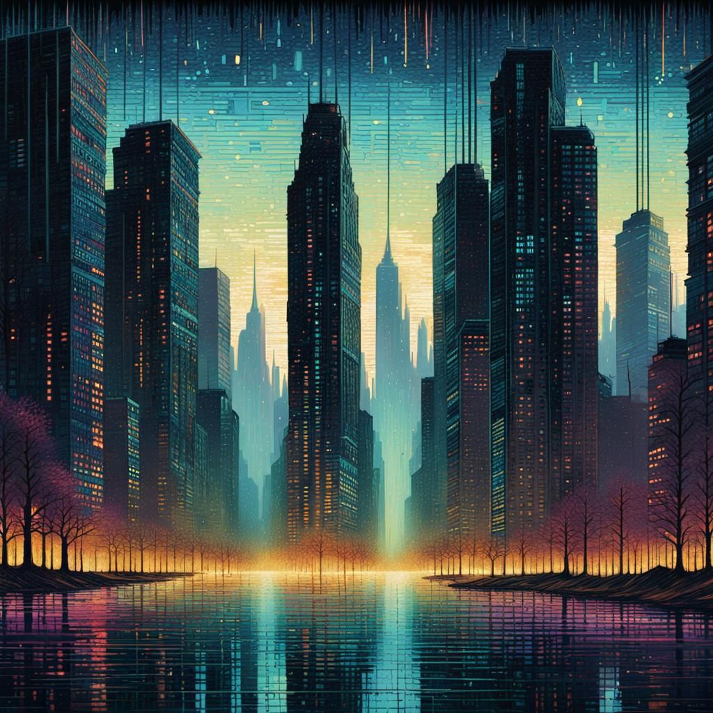 Glitchcore Binary Code Cityscape in Digital Art Style