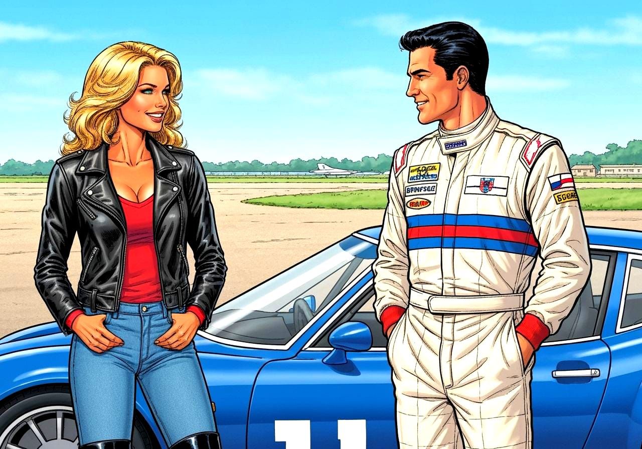 Retro 70s Comic Art: Race Driver and Woman in Pit Lane