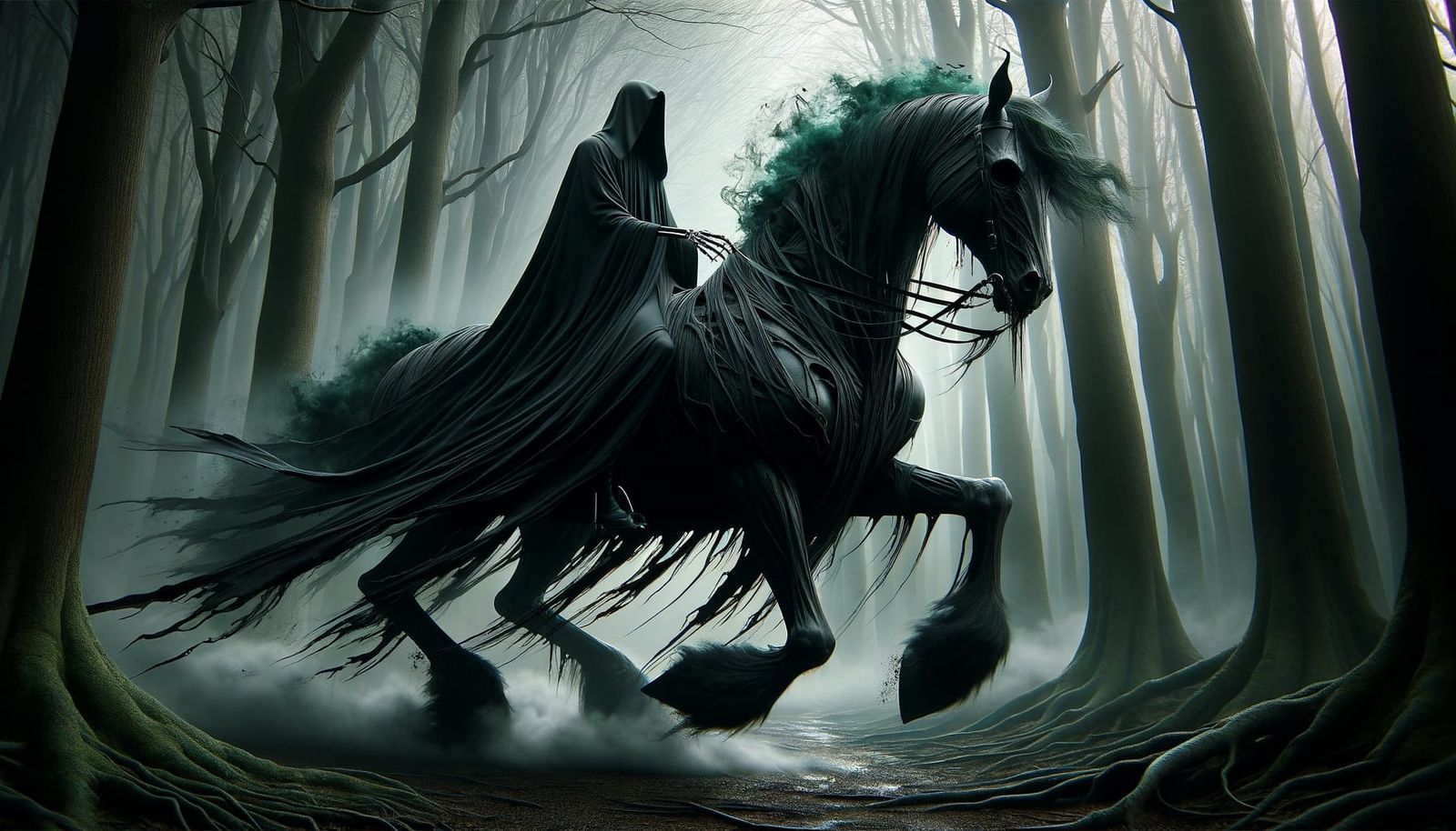 Grim Reaper Rides Eerie Steed Through Dark Forest
