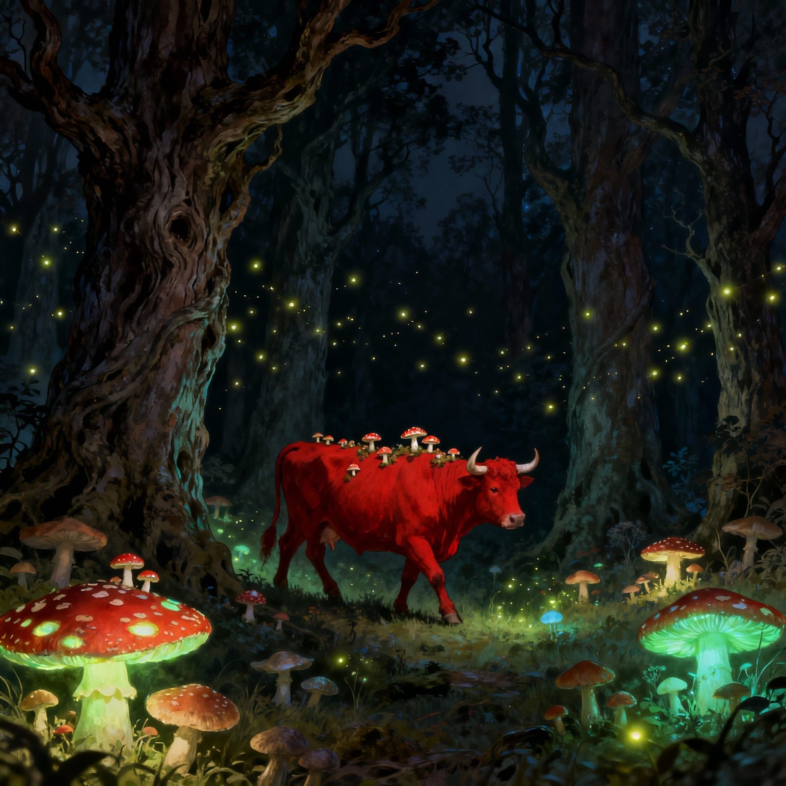 Magical Forest Scene with Red Cow and Glowing Mushrooms
