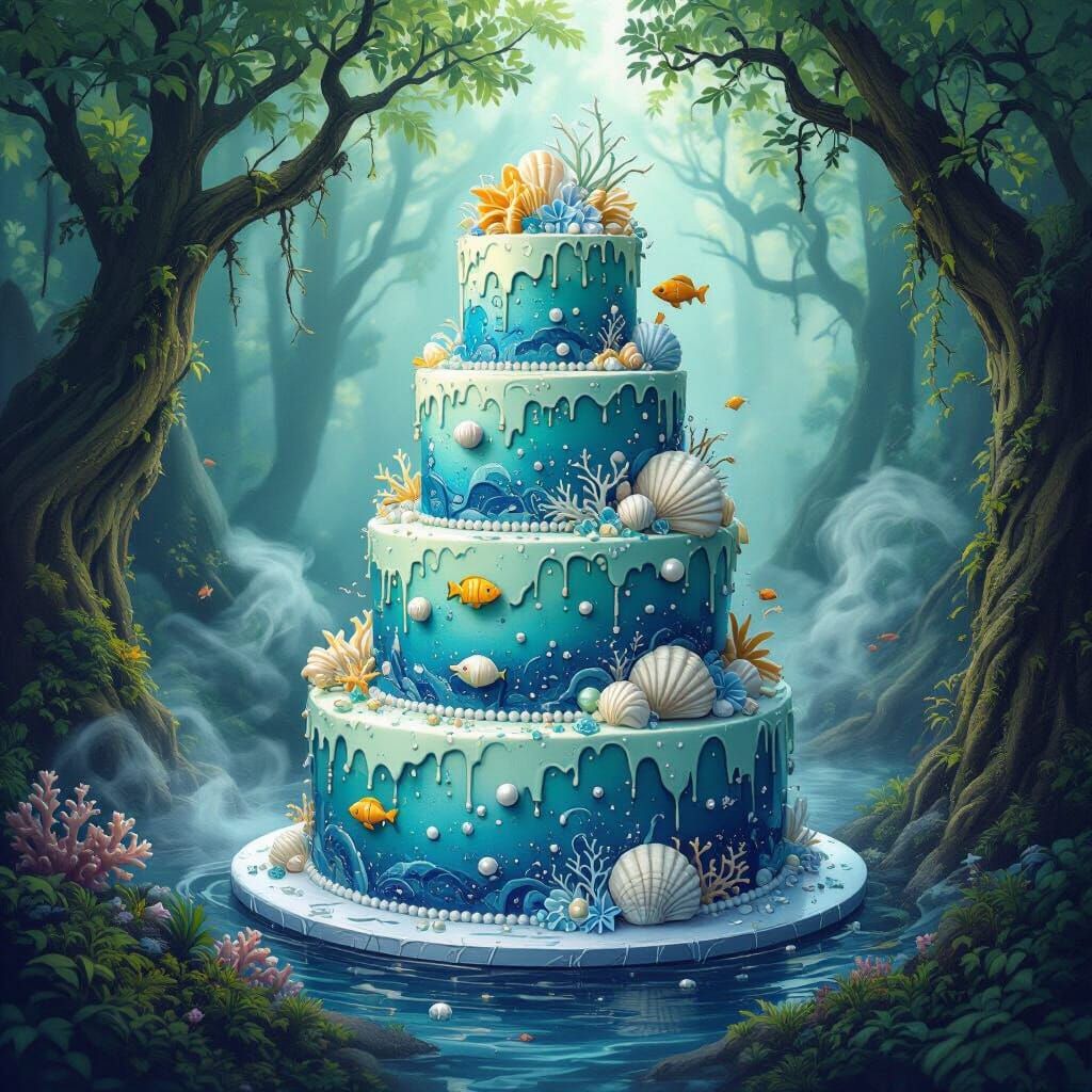 Ocean Cake in Enchanted Forest, Fantasy Concept Art