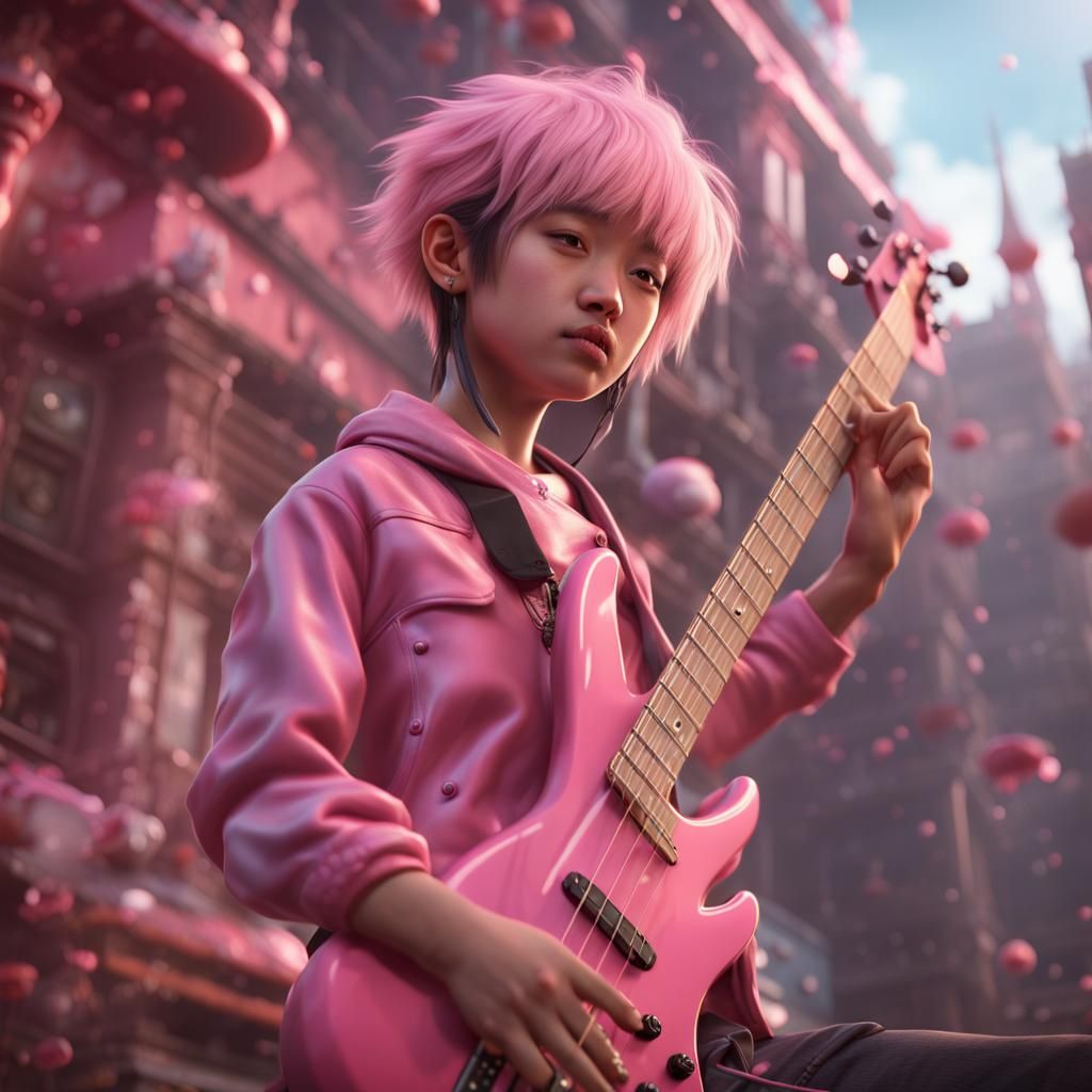 Asian Girly Boy Plays Bass Guitar: Detailed Digital Art