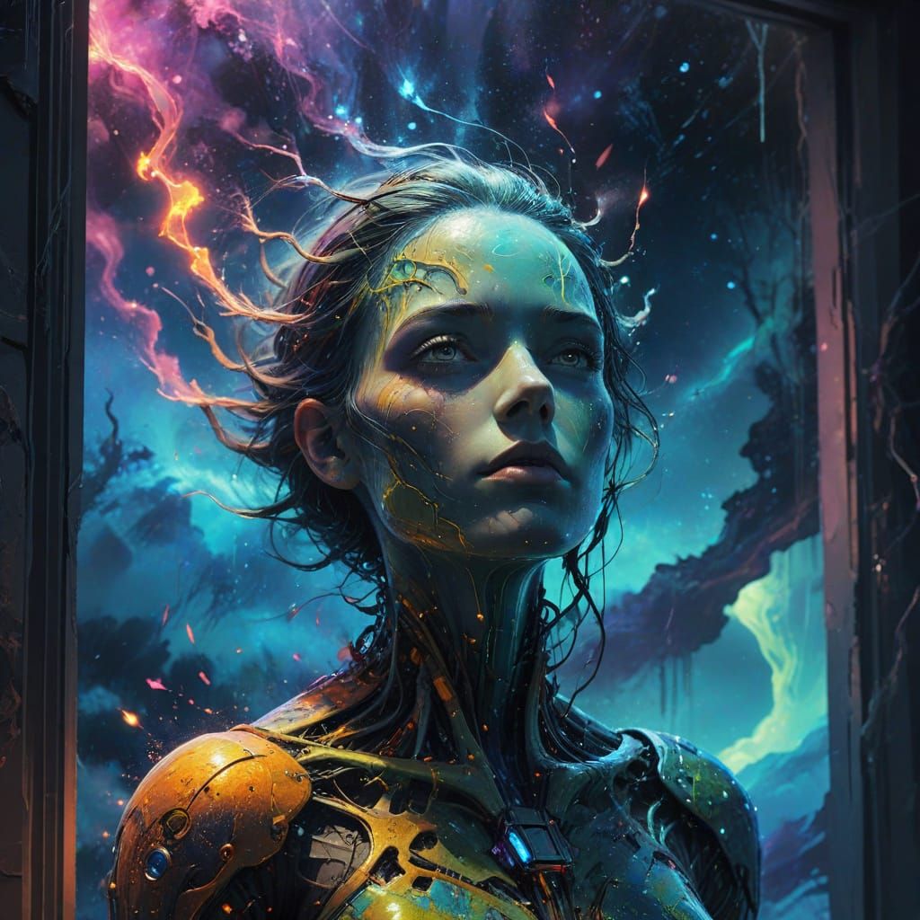 Ethereal Being Amidst Cosmic Dust and Glowing Aura