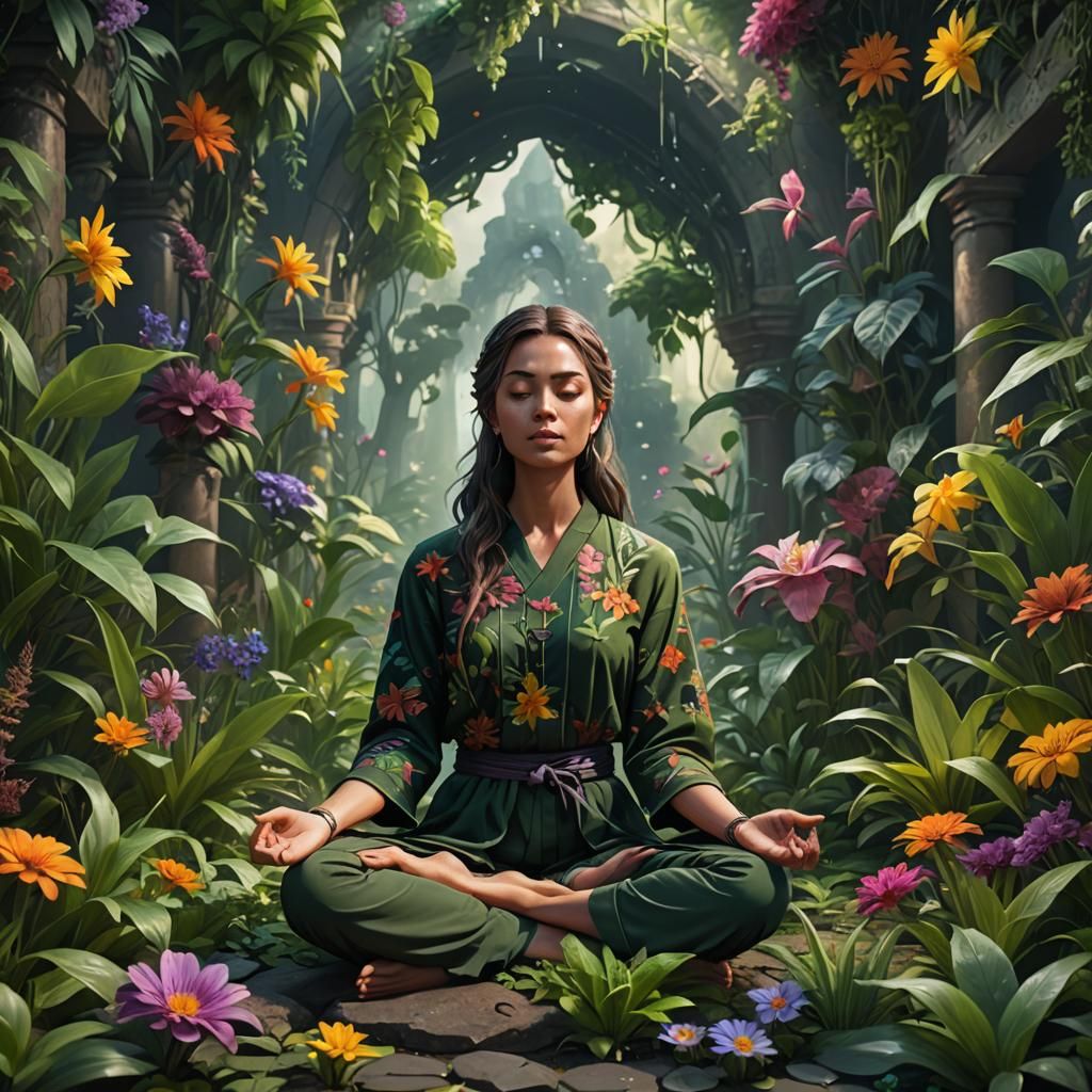 Girl Meditating Surrounded by Flowers: Detailed Matte Painti...