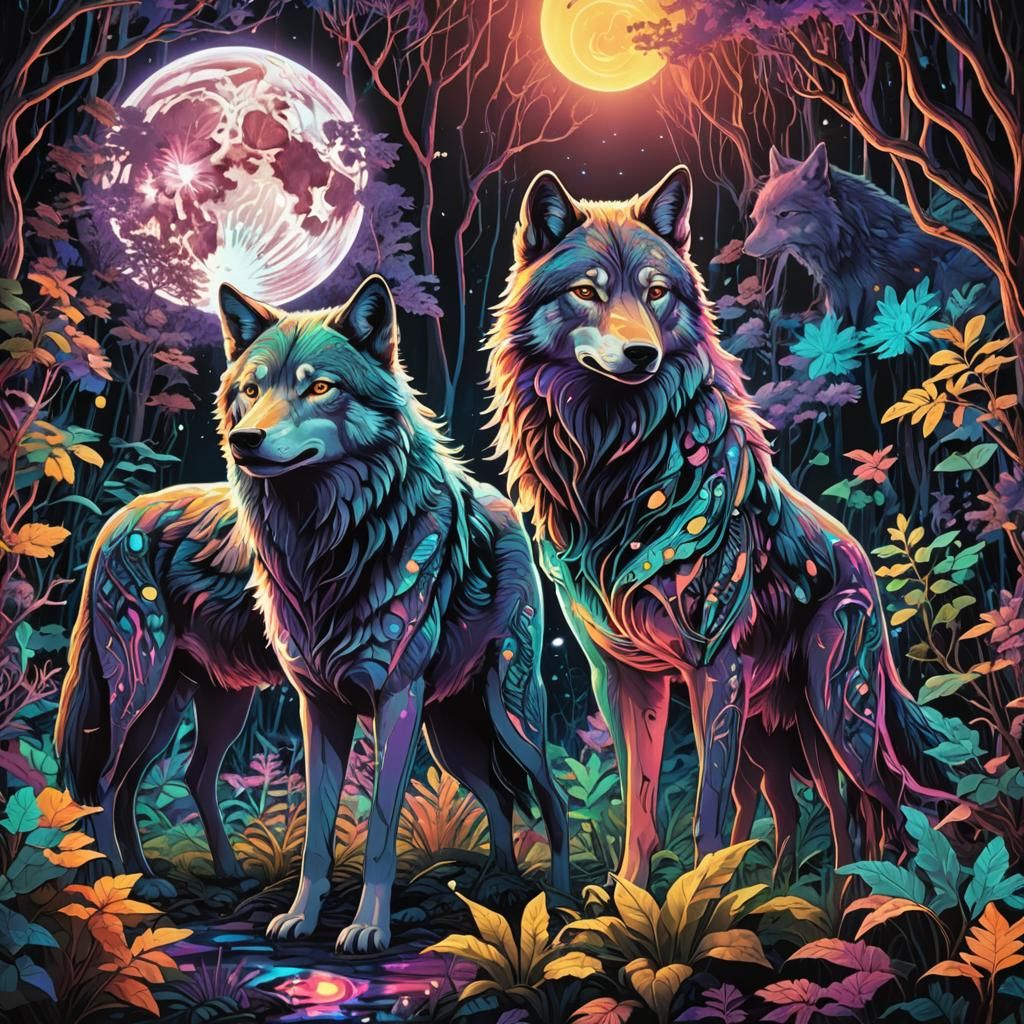 Psychedelic Wolves in Mystical Astral Forest